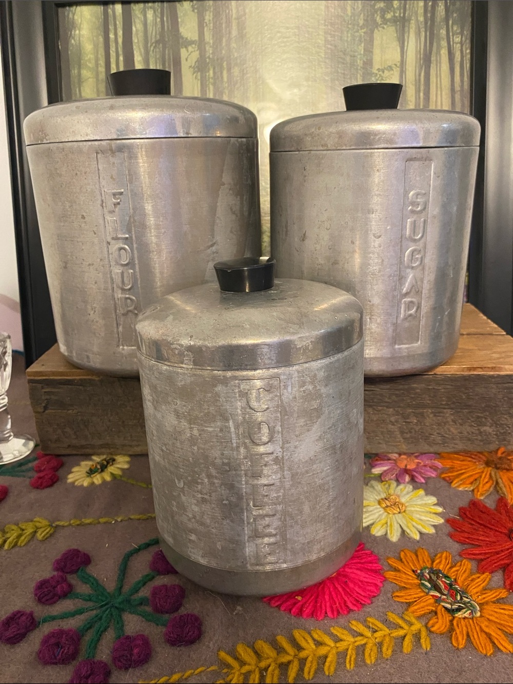 Vintage-Style Silver Metal Kitchen Canister Set - Flour, Sugar, Coffee, no dents
